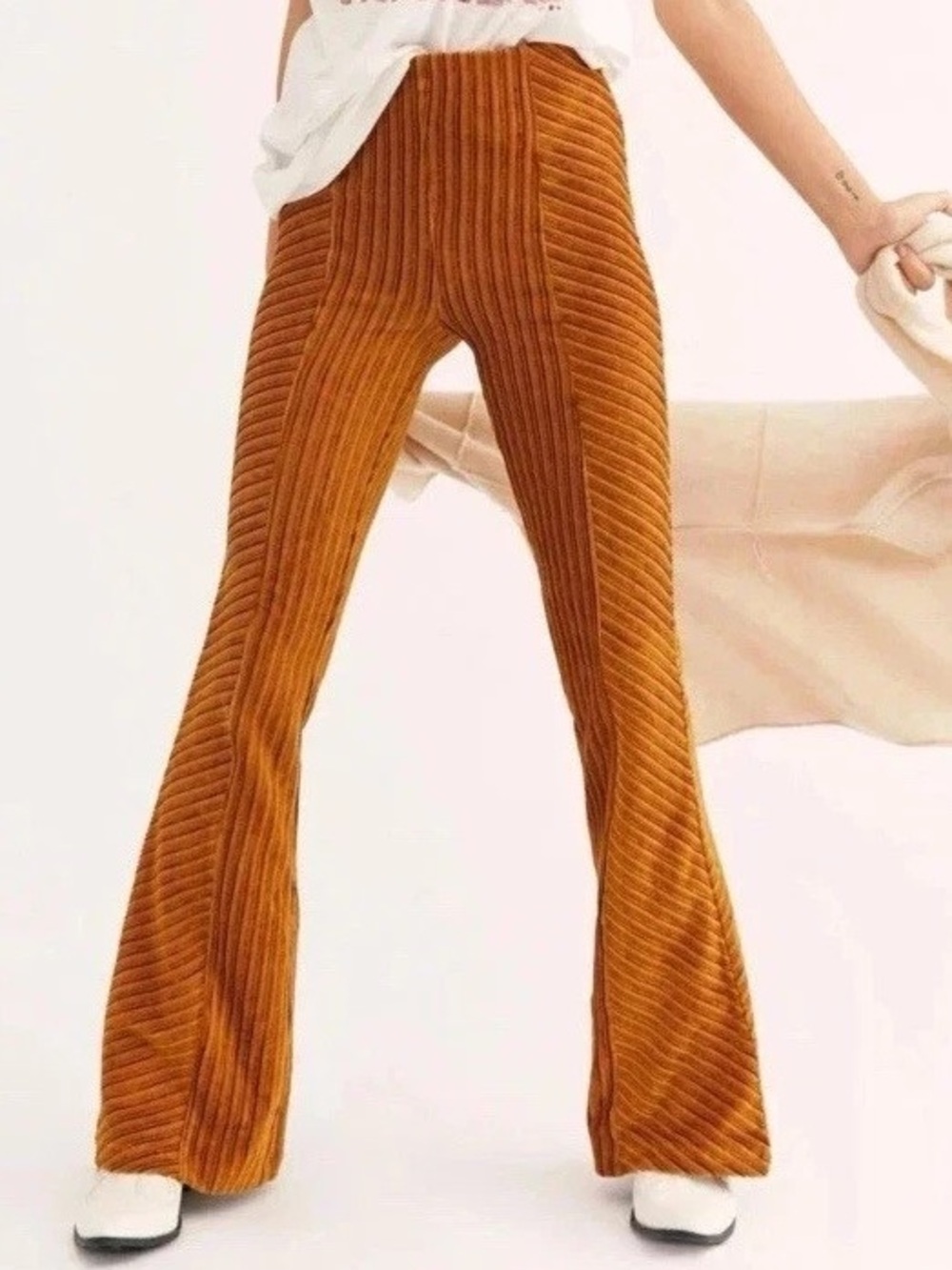 Free People Sz XS Corduroy Velvet Rust Orange Flare Belt Bottom Leg Pull On Pant
